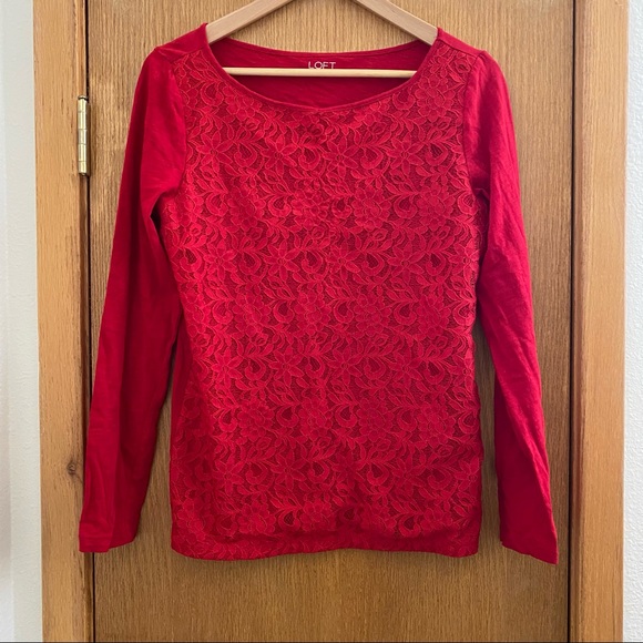 LOFT • Red Lace Front Long-Sleeve Top - Size M - Picture 13 of 13